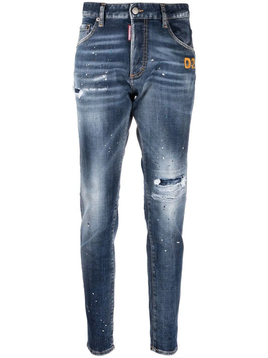 Distressed-Finish Denim Jeans