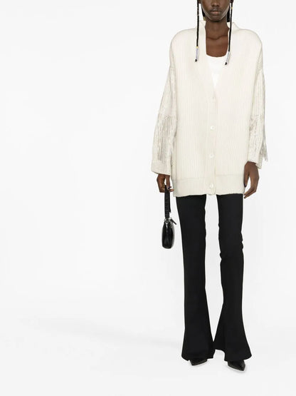 Sequin-Embellished Ribbed Knit Cardigan