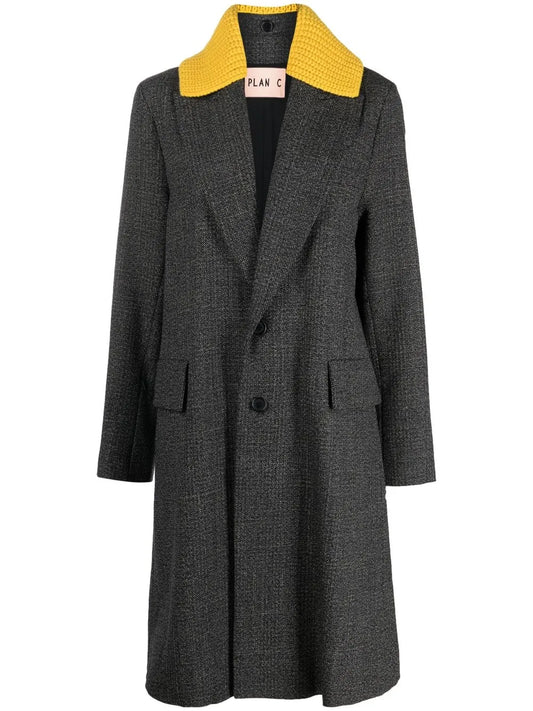 Rib-Knit Collar Single-Breasted Coat