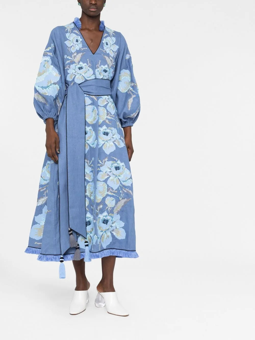 Floral-Jacquard Linen Midi Dress
