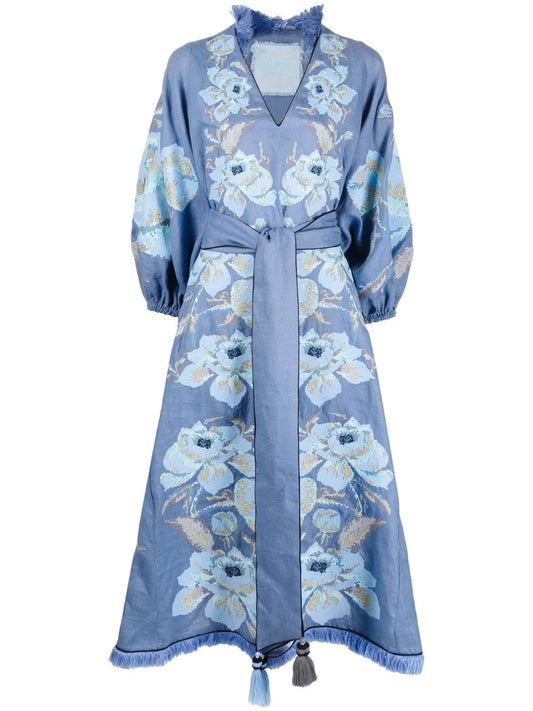 Floral-Jacquard Linen Midi Dress