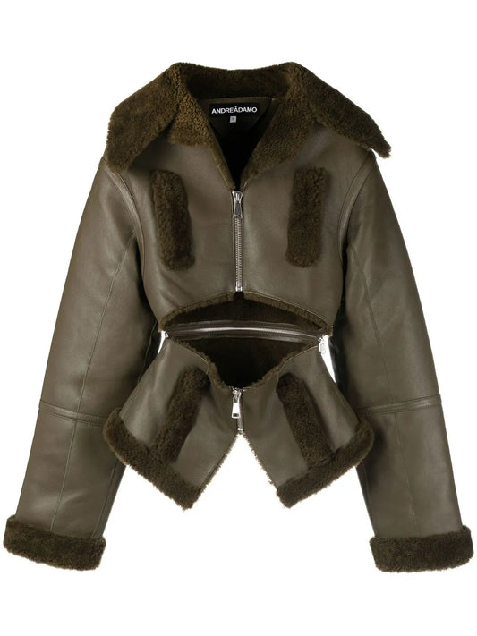 Cut-Out Shearling-Trim Leather Jacket