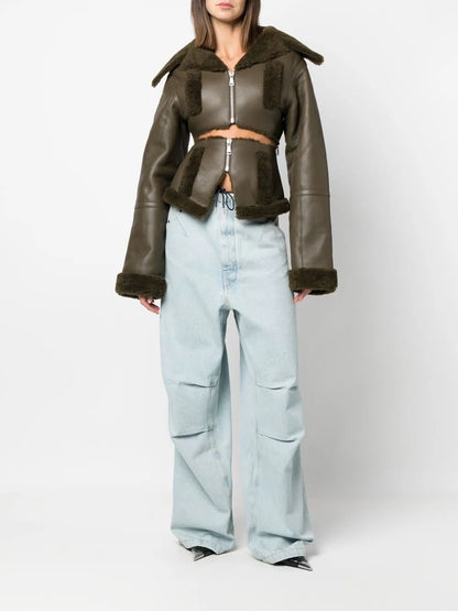Cut-Out Shearling-Trim Leather Jacket