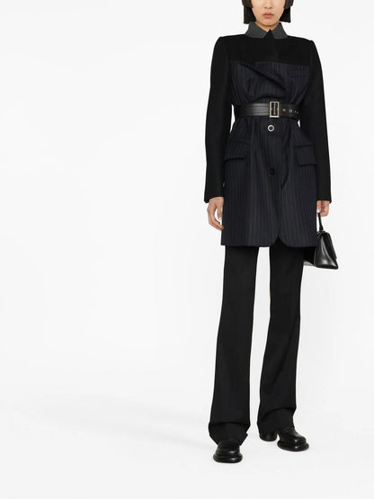 Belted Pinstriped Wool Blazer