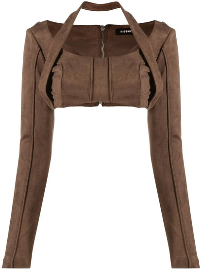 Faux-Suede Long-Sleeved Crop Top
