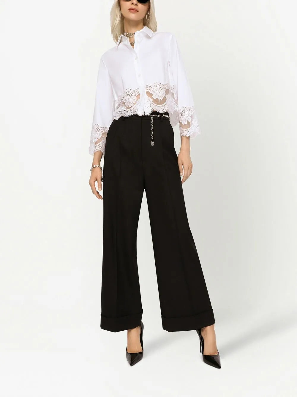 Lace-Insert Cropped Poplin Shirt