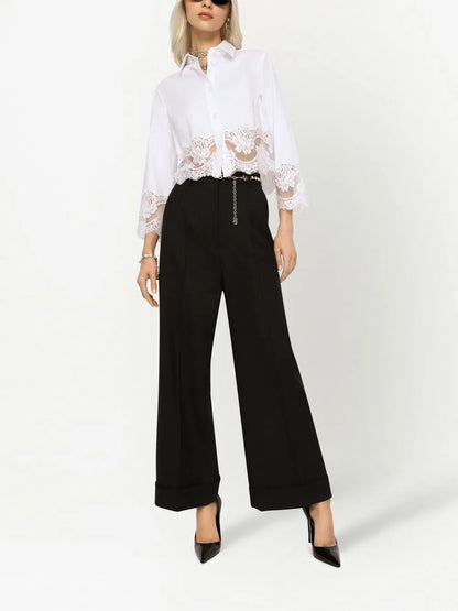 Lace-Insert Cropped Poplin Shirt