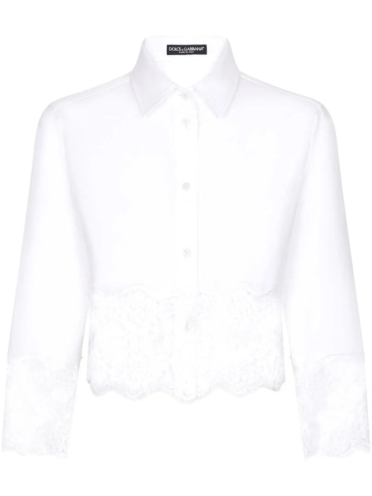 Lace-Insert Cropped Poplin Shirt