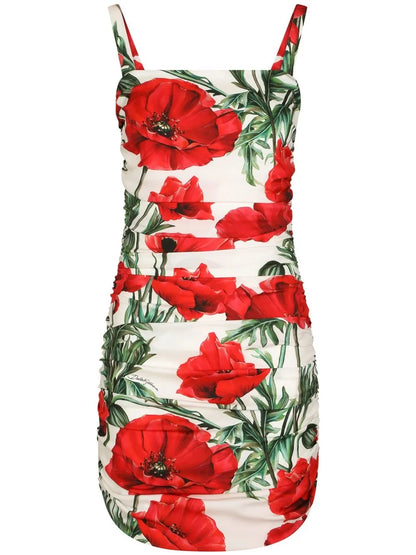 Poppy-Print Ruched Dress
