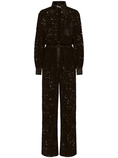 Cordonetto-Lace Long-Sleeve Jumpsuit