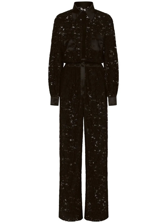 Cordonetto-Lace Long-Sleeve Jumpsuit
