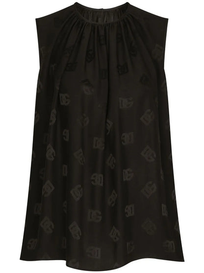 Dg-Logo Sleeveless Silk Blouse