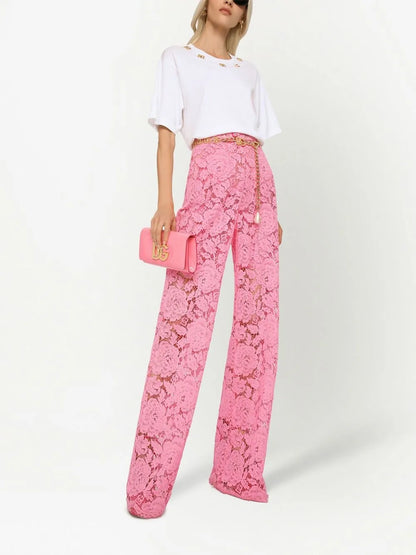 Floral-Lace Flared Trousers