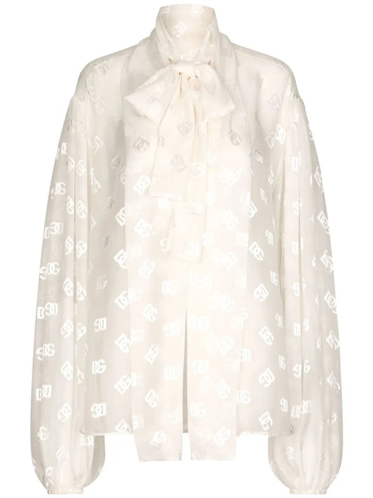 Logo-Jacquard Pussy-Bow Collar Blouse