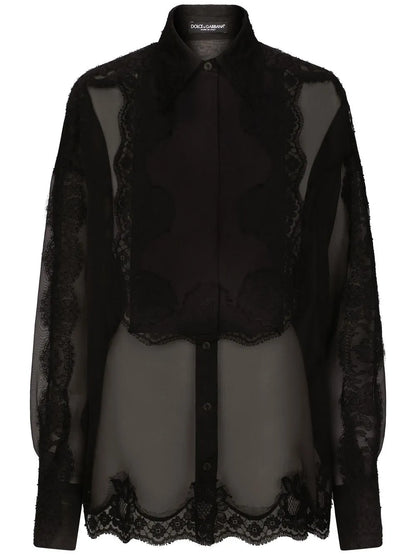 Lace-Trim Organza Tuxedo Shirt