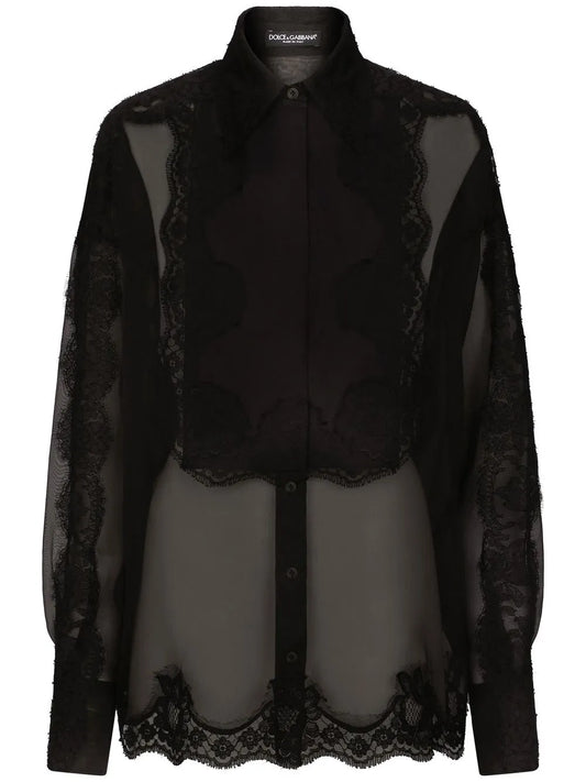 Lace-Trim Organza Tuxedo Shirt