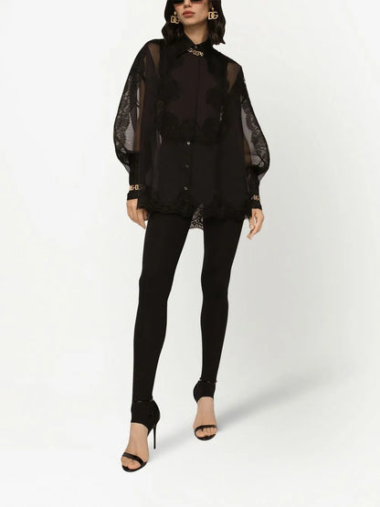 Lace-Trim Organza Tuxedo Shirt