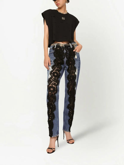 Lace-Appliqué Straight-Leg Jeans