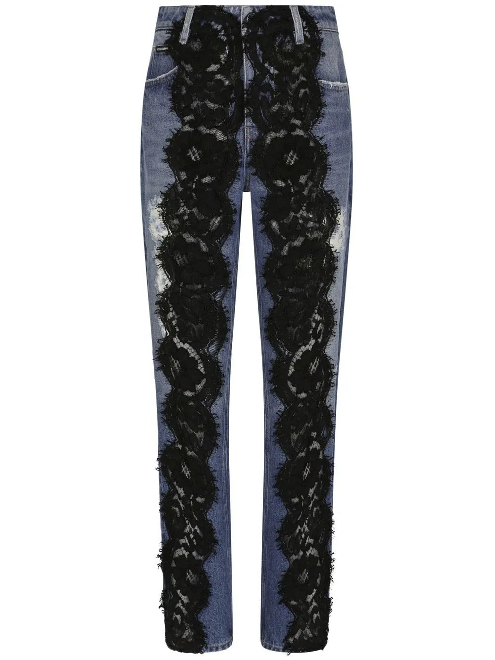 Lace-Appliqué Straight-Leg Jeans