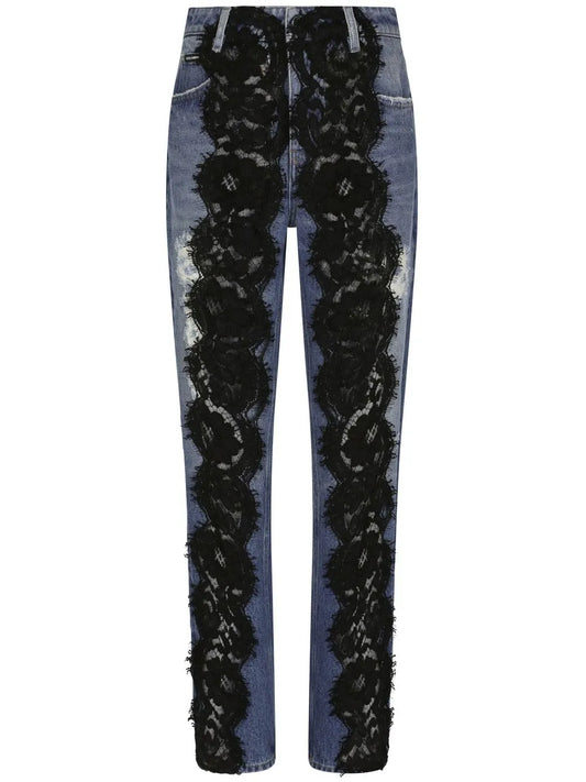 Lace-Appliqué Straight-Leg Jeans