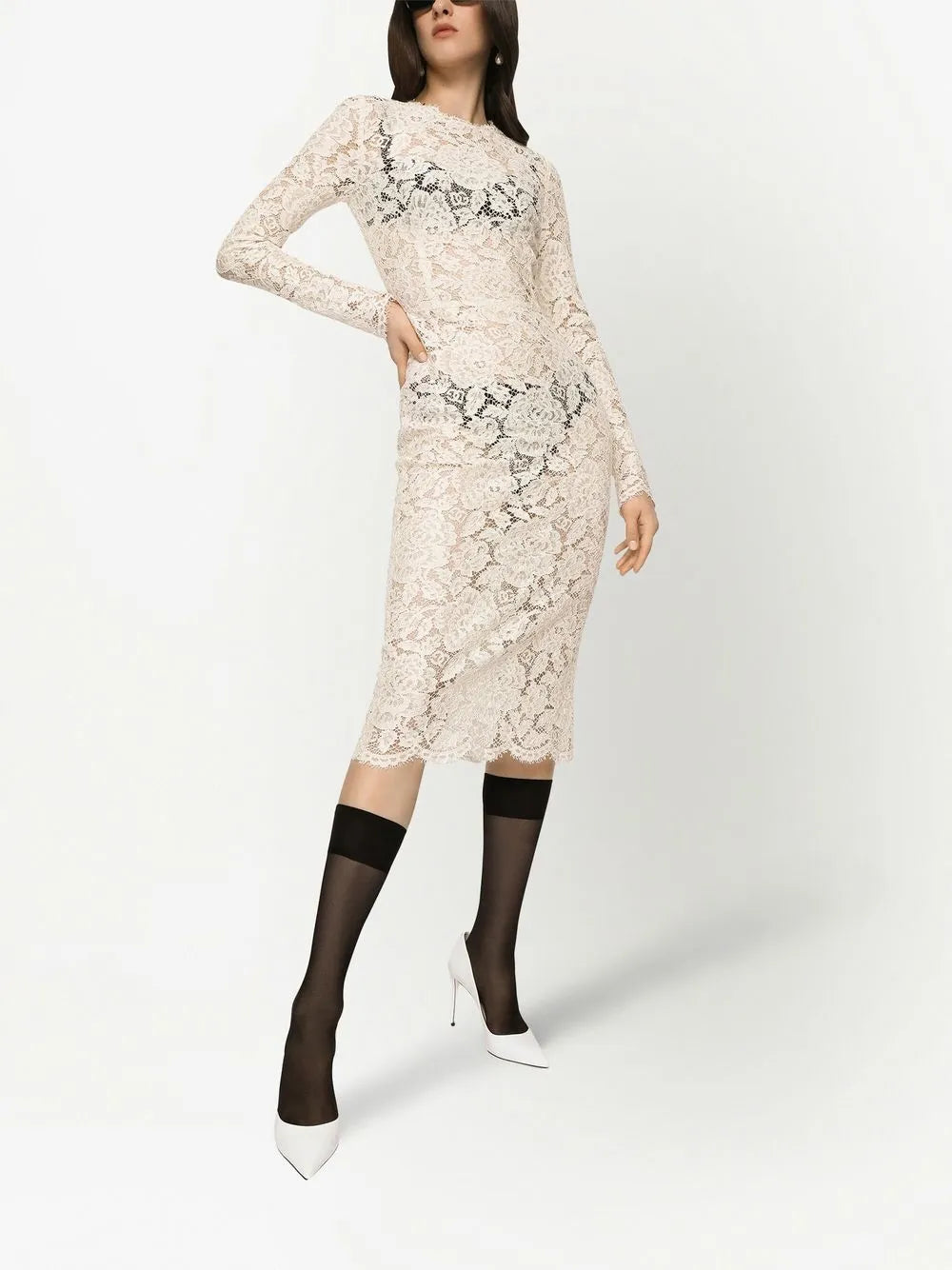 Floral-Lace Long-Sleeve Midi Dress