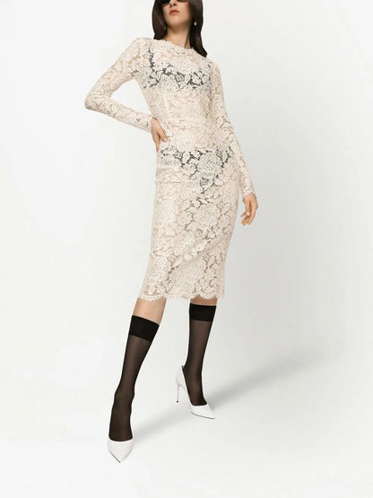 Floral-Lace Long-Sleeve Midi Dress