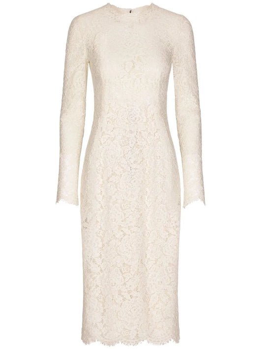 Floral-Lace Long-Sleeve Midi Dress