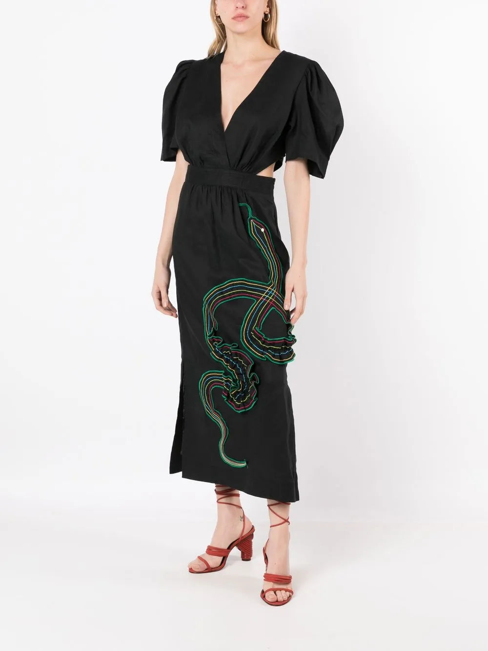 Lina Embroidered-Motif Puff-Sleeve Dress