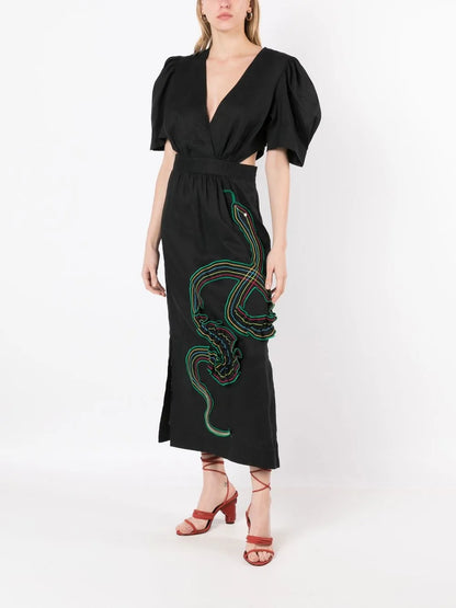 Lina Embroidered-Motif Puff-Sleeve Dress