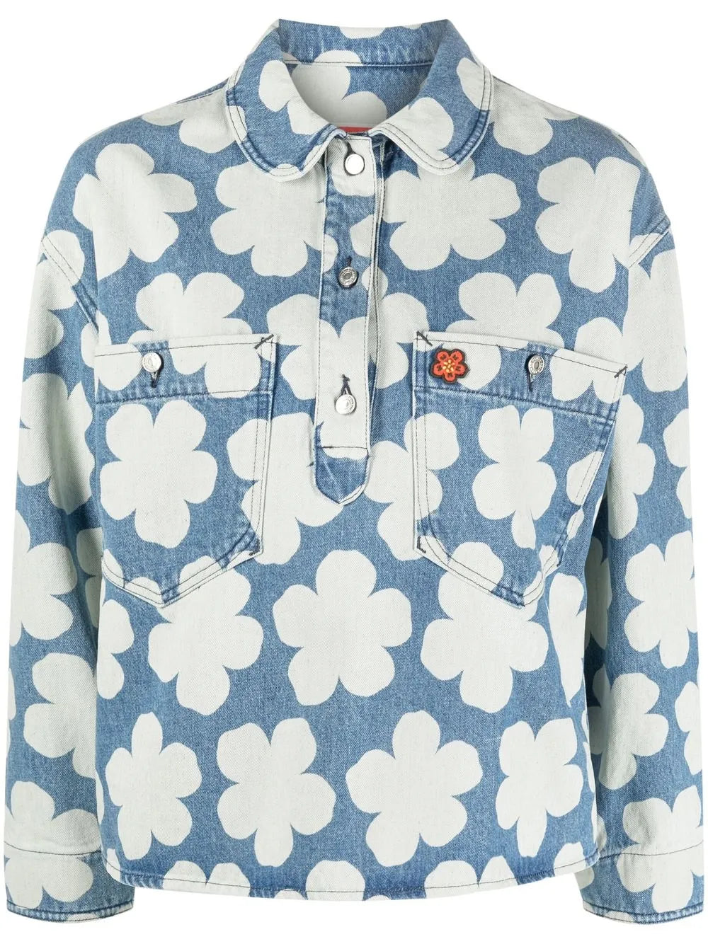 Hana Dots-Print Denim Polo Shirt