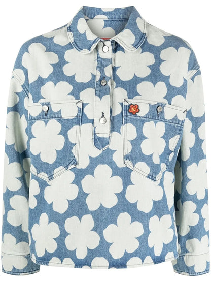 Hana Dots-Print Denim Polo Shirt