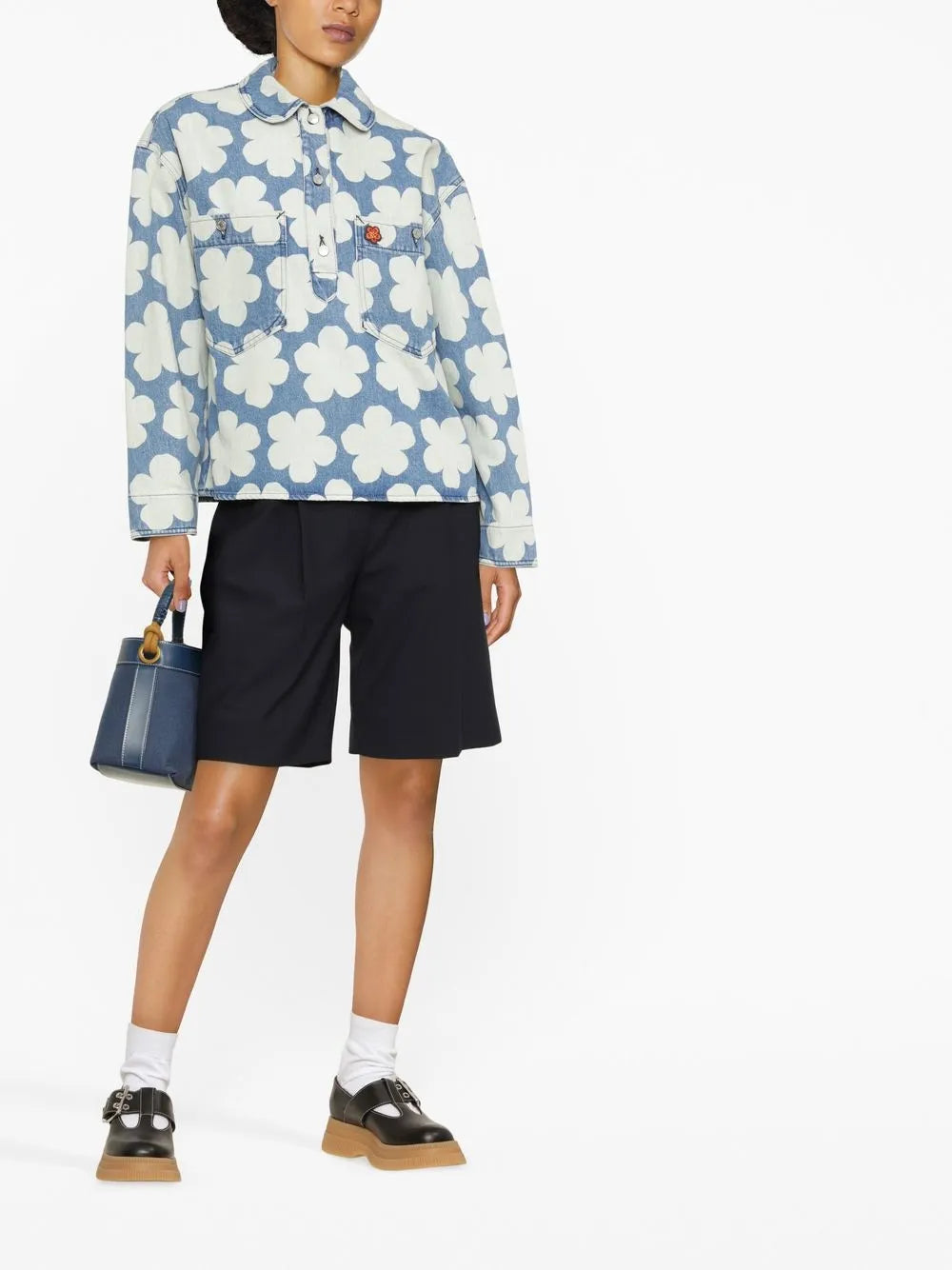 Hana Dots-Print Denim Polo Shirt
