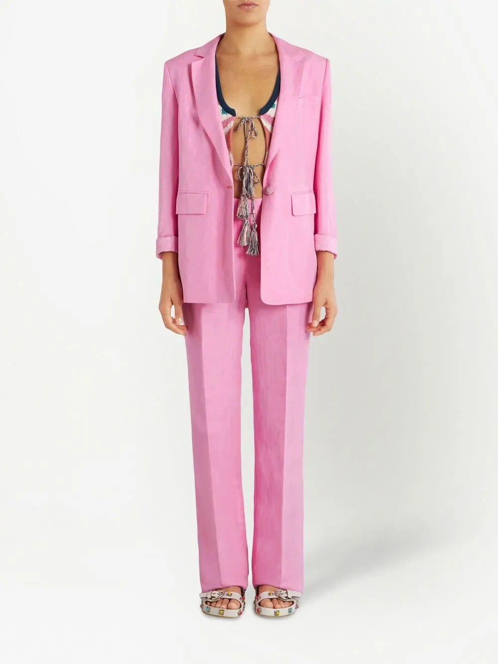 Button-Fastening Linen-Silk Blazer