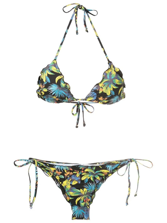 Tropical-Print Ruffle Triangle Bikini