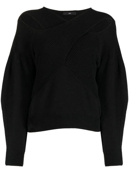 Crossover-Neck Ribbed-Knit Jumper