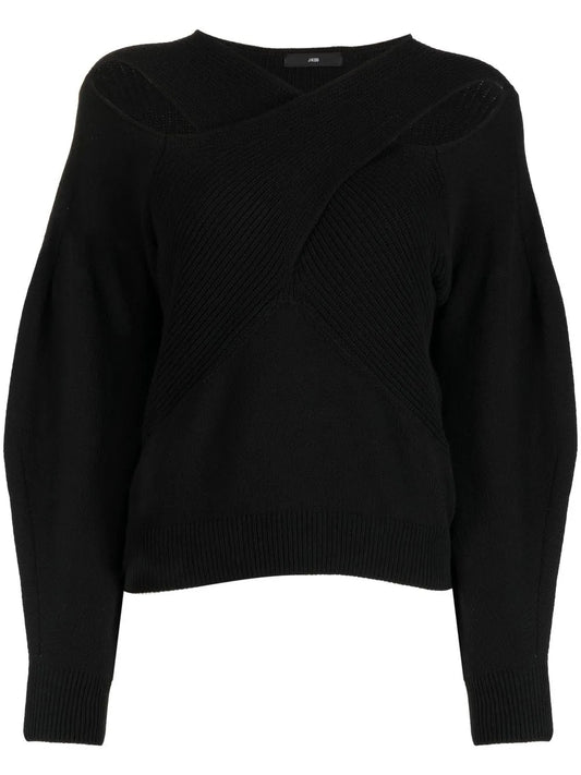 Crossover-Neck Ribbed-Knit Jumper