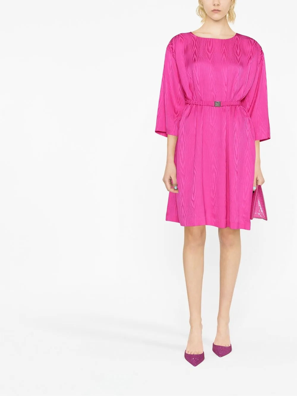Belted-Waist Long-Sleeve Dress