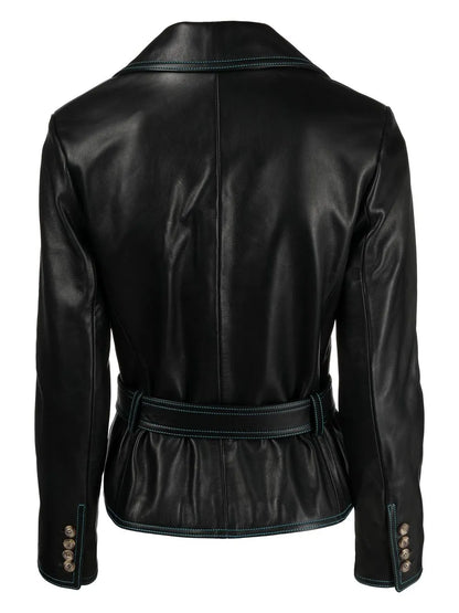 Double-Breasted Belted Leather Jacket