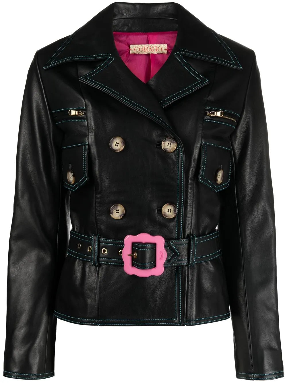 Double-Breasted Belted Leather Jacket