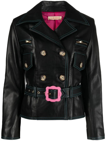 Double-Breasted Belted Leather Jacket