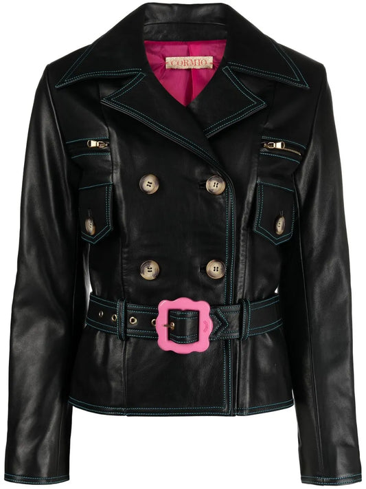 Double-Breasted Belted Leather Jacket