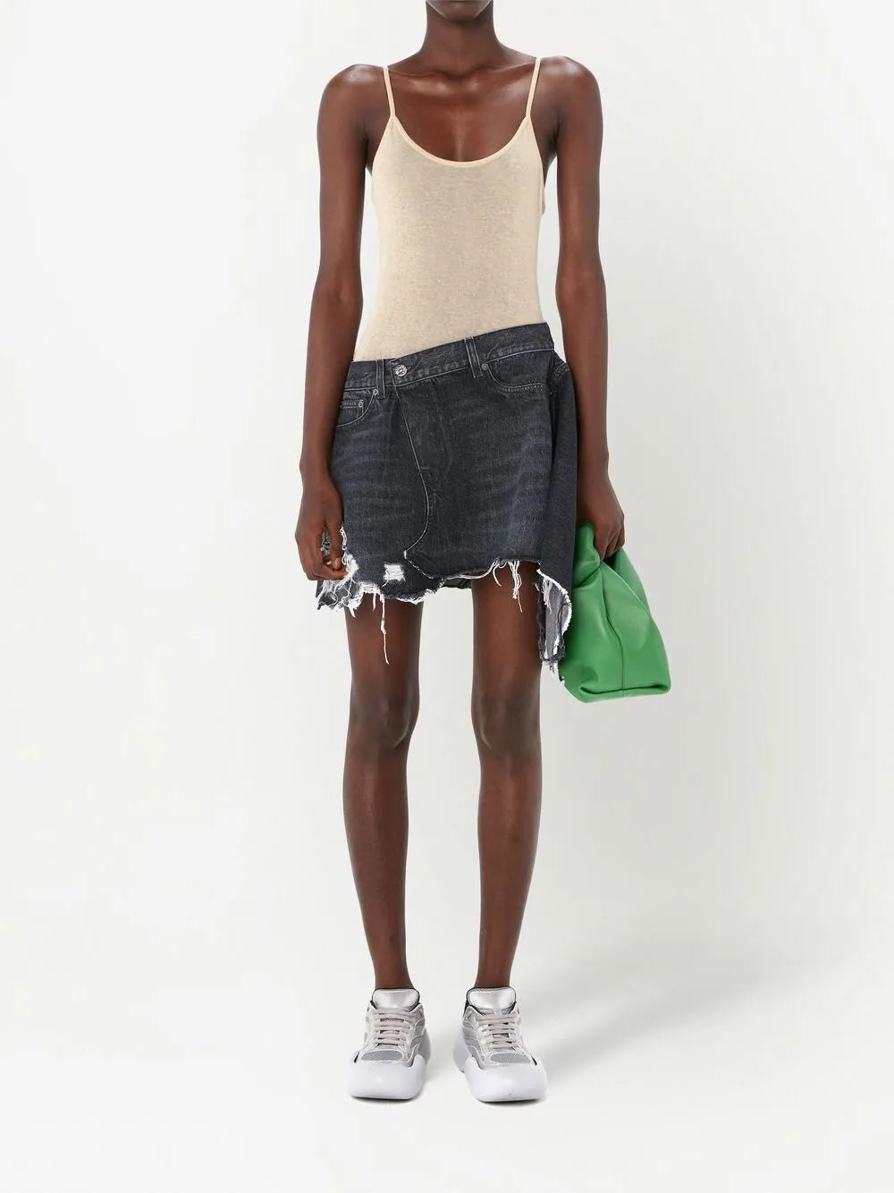 Distressed Denim-Trim Mini Dress
