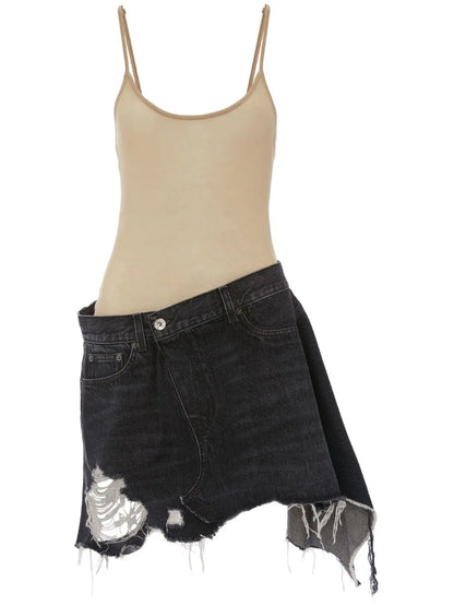 Distressed Denim-Trim Mini Dress