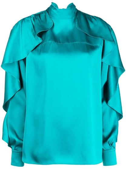 Ruffled-Sleeve Satin Blouse