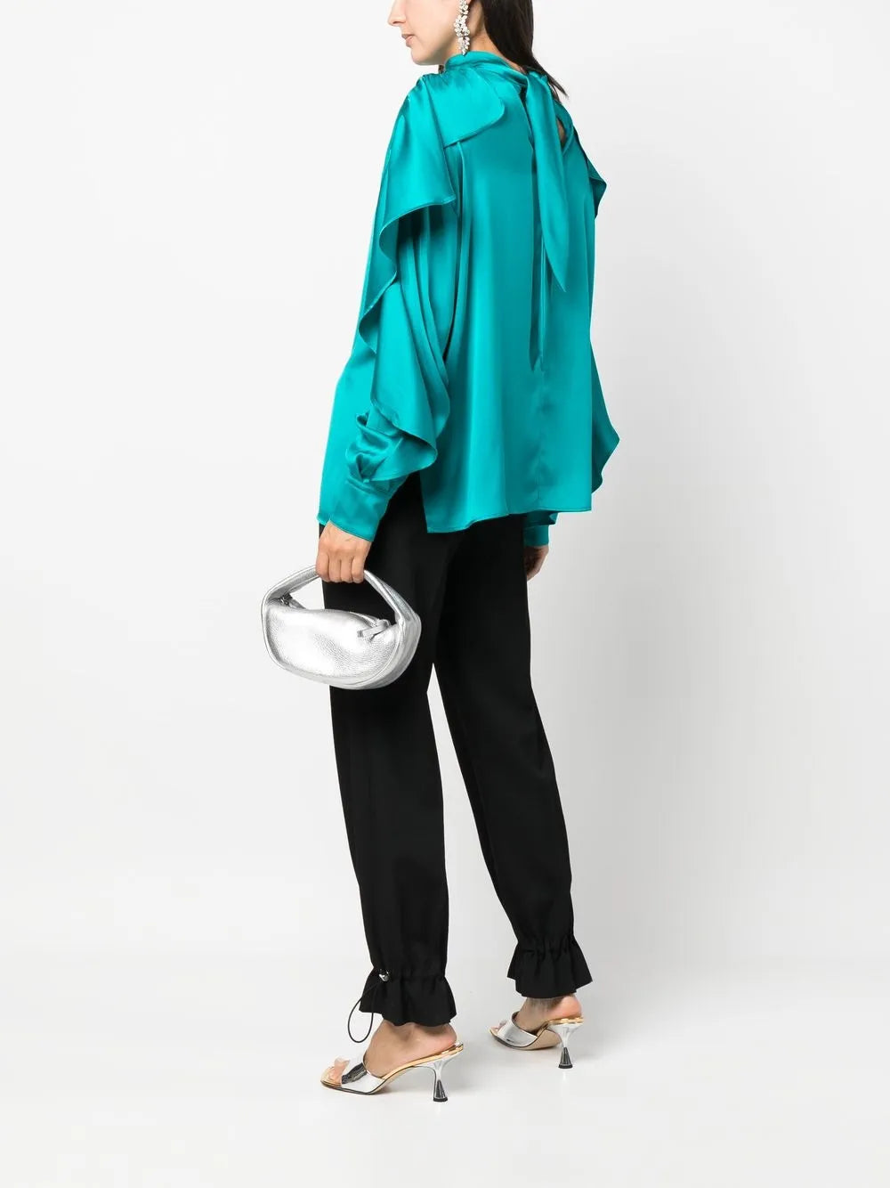 Ruffled-Sleeve Satin Blouse