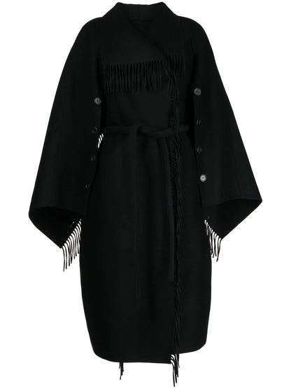 Double-Breasted Fringe-Detail Wool Coat