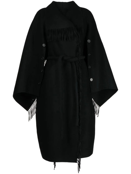 Double-Breasted Fringe-Detail Wool Coat