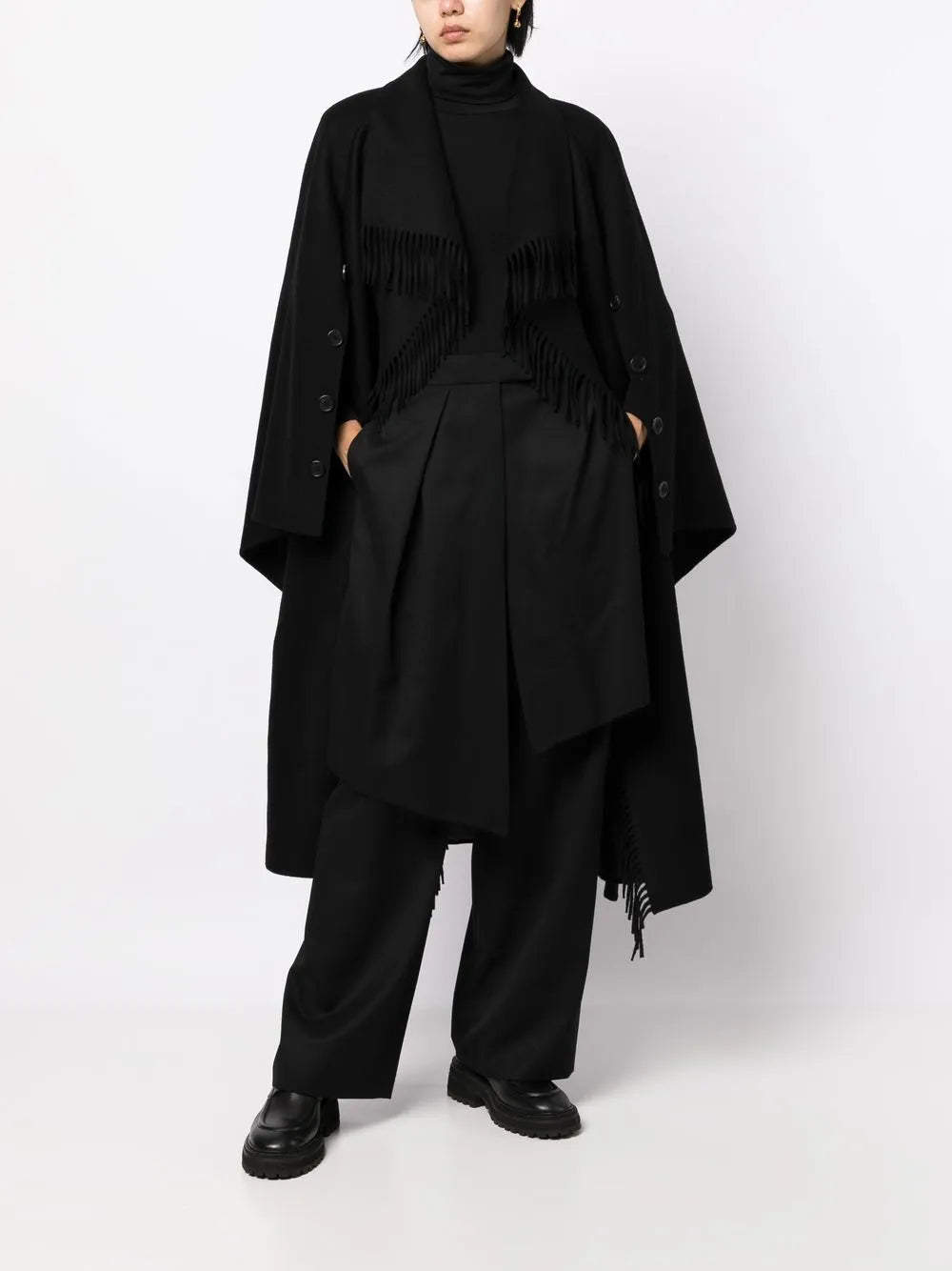Double-Breasted Fringe-Detail Wool Coat