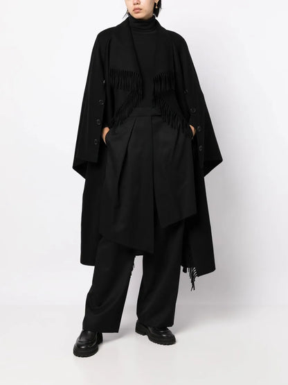 Double-Breasted Fringe-Detail Wool Coat