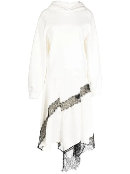 Lace-Trim Hooded Asymmetric Midi Dress